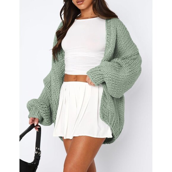 Womens Trendy Cardigan Sweaters Sage Green Long Sleeve Chunky Knit Outfits - Picture 5 of 8